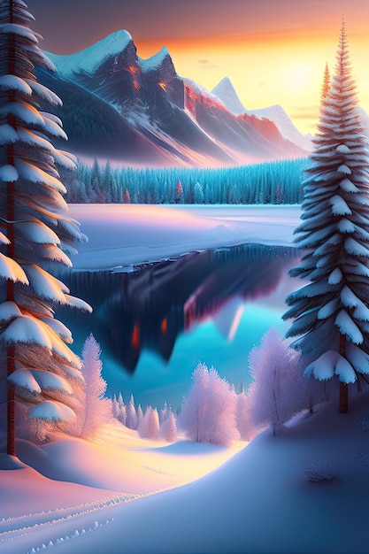 Beautiful magical winter wonderland landscape Digital art