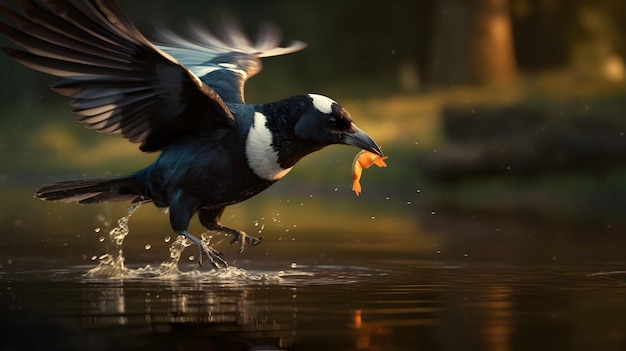 Beautiful Magpie catching a fish cinematic lighting generative ai