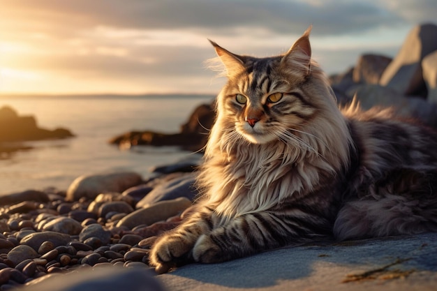 Beautiful Maine Coon cat on the seashore at sunset