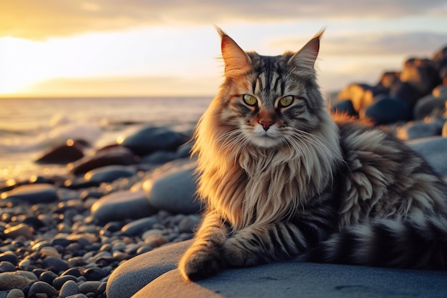 Beautiful Maine Coon cat on the seashore at sunset