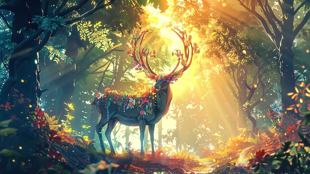 Photo a beautiful and majestic deer stands in the middle of a sunlit forest