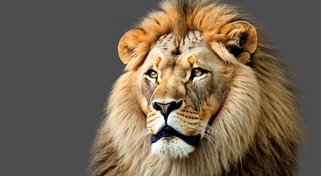 Beautiful and majestic lion with all the details on a gray background in high resolution