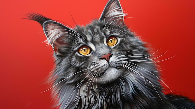 A beautiful majestic Maine Coon cat with long flowing fur and piercing yellow eyes