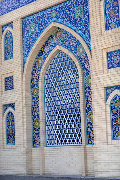 The beautiful majolica tiles on the facade of a mosque in Tashkent