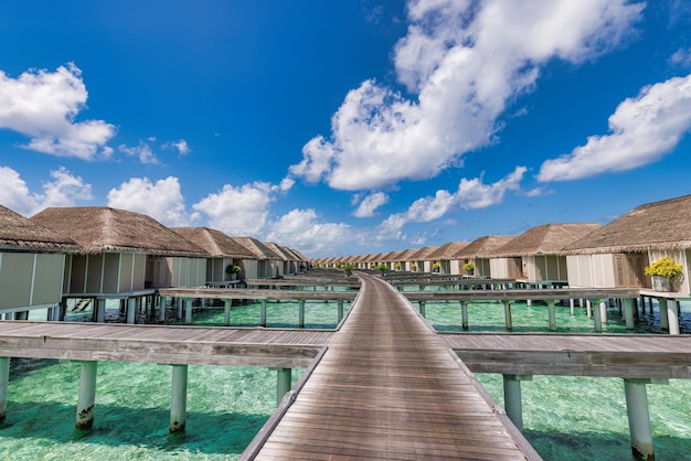 Beautiful Maldives water villa in blue lagoon and blue sky space. Panoramic summer landscape, ocean