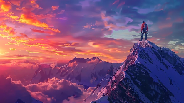 Beautiful A male climber on a mountain peak at dawn that paints the sky with spectacular colors