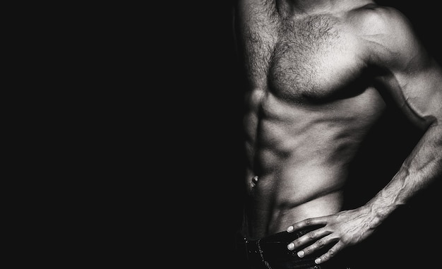 Beautiful male torso, ab. Sexy man, naked body, nude male. Strong mans, muscular men. Sexy body, nude man, naked male. Athletic caucasian, ab, six pack, chest muscles, triceps. Black and white.