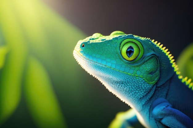 A beautiful male Wall Lizard hunting for food in the green leaf background