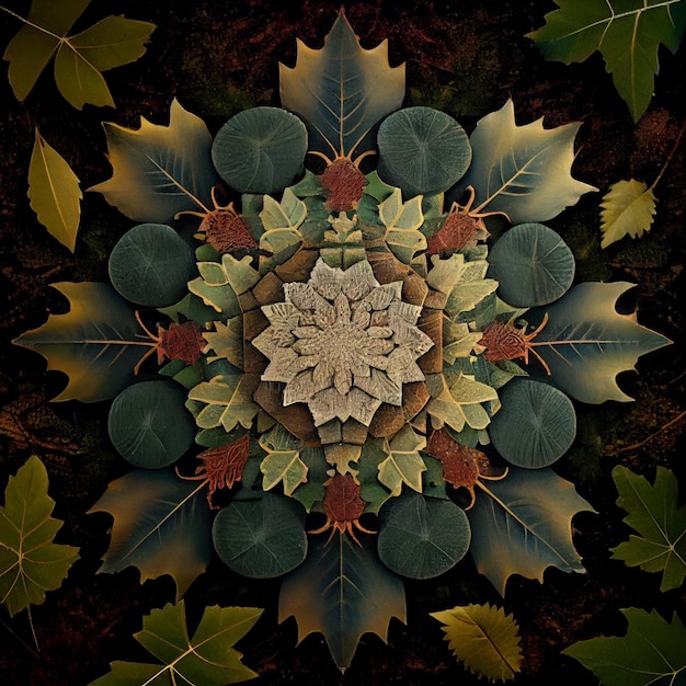 Beautiful mandala made of leaves and plants background