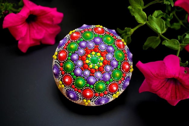 Beautiful mandala rock with flowers