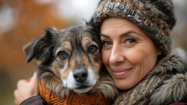 A beautiful mature woman is walking hugging her dog outside in the yard during a walk World Dog day