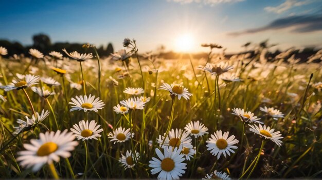 Beautiful meadow field with fresh flowers in nature against a blurry blue sky with clouds