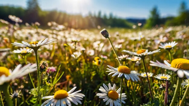 Beautiful meadow field with fresh flowers in nature against a blurry blue sky with clouds