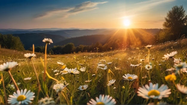 Beautiful meadow field with fresh flowers in nature against a blurry blue sky with clouds