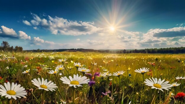 Beautiful meadow field with fresh grass and yellow dandelion flowers in nature against a blurry blue