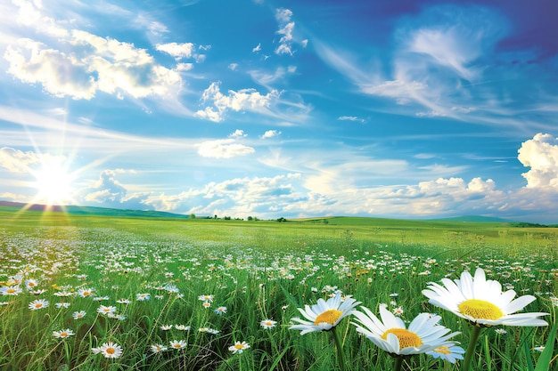 Beautiful meadow with daisies and blue sky with clouds