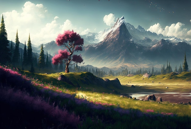 Beautiful meadow with low trees little mountains and