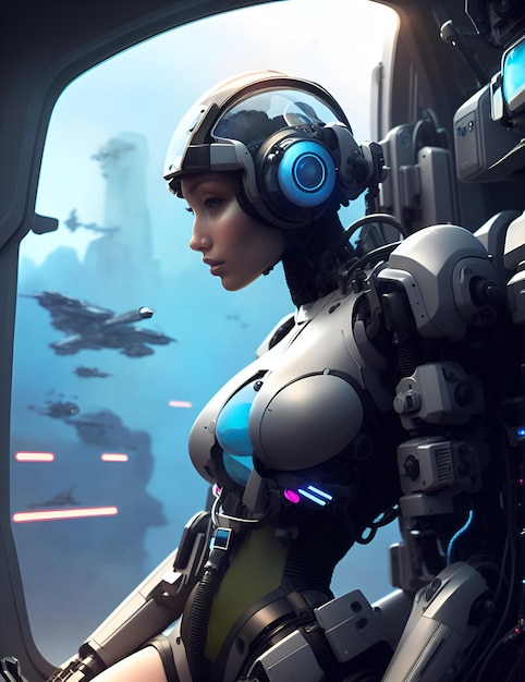 Beautiful mech pilot in a control seat for a mech inside a flight simulator generative AI