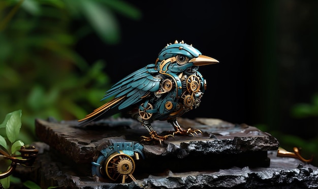 Beautiful mechanical bird steampunk animal 3d illustration Selective soft focus