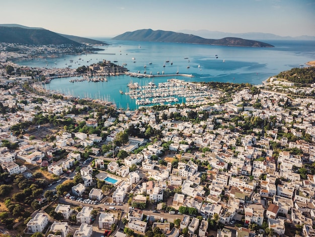 Beautiful mediterranean seascape beautiful european town in greece style on summer sea coast