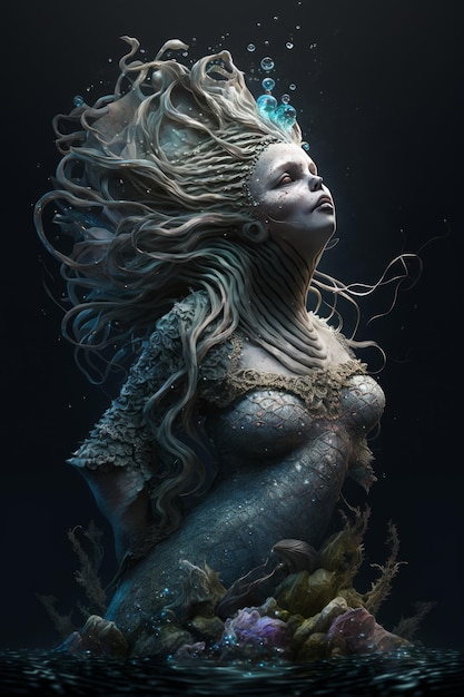 Beautiful mermaid full body grim goomy lighting dark creepy generative AI