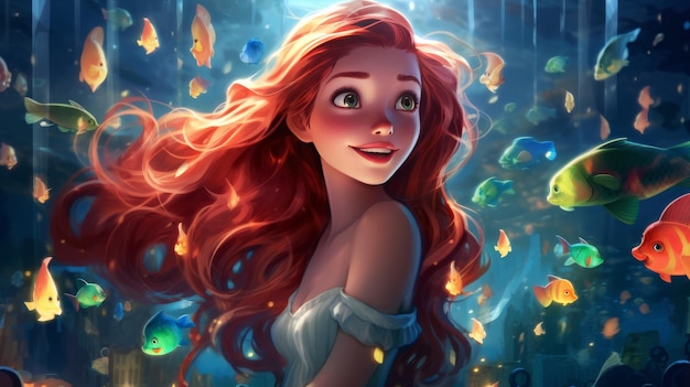 A beautiful mermaid in the sea with fishes generative AI