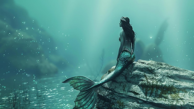 A beautiful mermaid sits on a rock in the ocean She has long flowing hair and a shimmering green tail