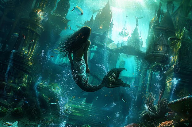 Beautiful mermaid swimming at ocean Whimsical whimsical underwater mermaid kingdom