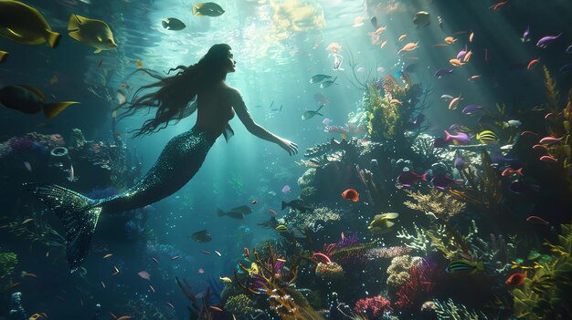 A beautiful mermaid swims gracefully through a colorful coral reef She has long flowing hair and a shimmering green tail