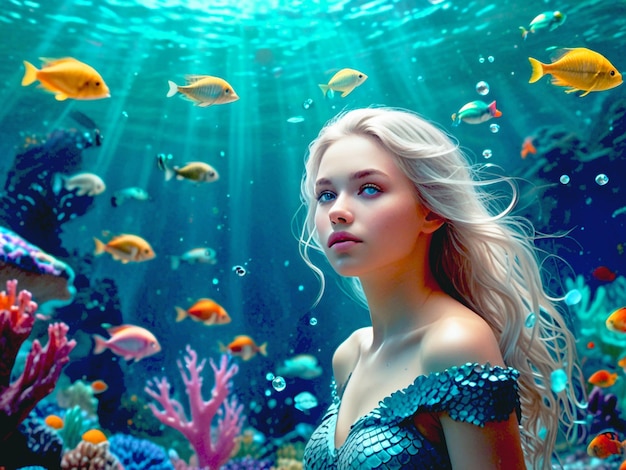 Photo a beautiful mermaid with a fantastical and enchanting appearance in the ocean