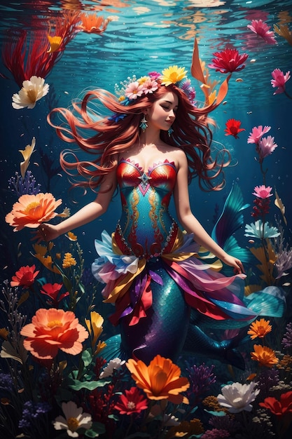 Beautiful mermaid with flowers in her hair Underwater scene