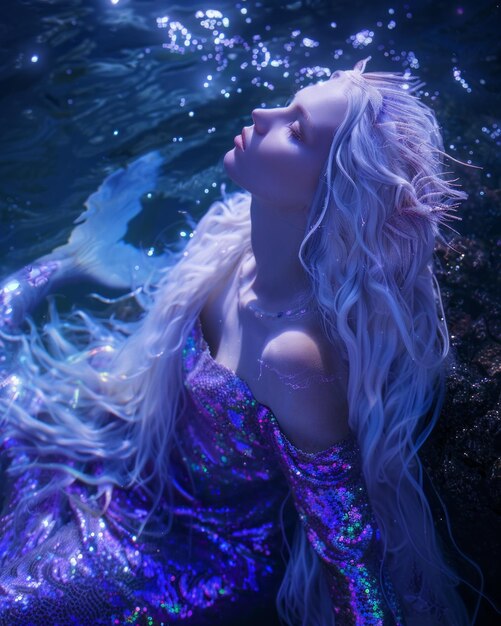 Photo beautiful mermaid with long white hair vogue photoshoot in the style of maxfield parrish ethereal ne