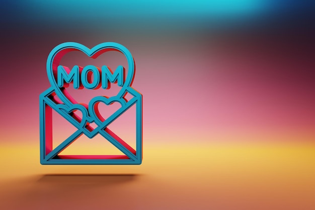 Beautiful message with word mom and heart icons on multicolor bright background 3d rendering illust