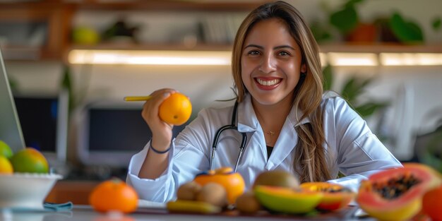 Photo a beautiful mexican female nutritionist with a white coat smiling and holding an orange in her hand