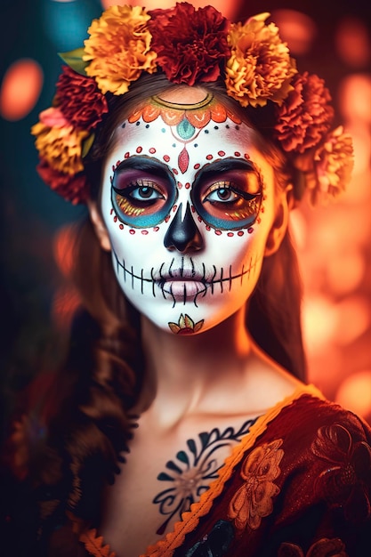 Beautiful Mexican girl with day of the dead make up catrina dia de los muertos traditional Generative AI