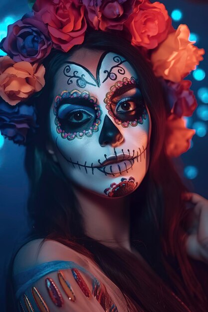 Beautiful Mexican girl with day of the dead make up catrina dia de los muertos traditional Generative AI