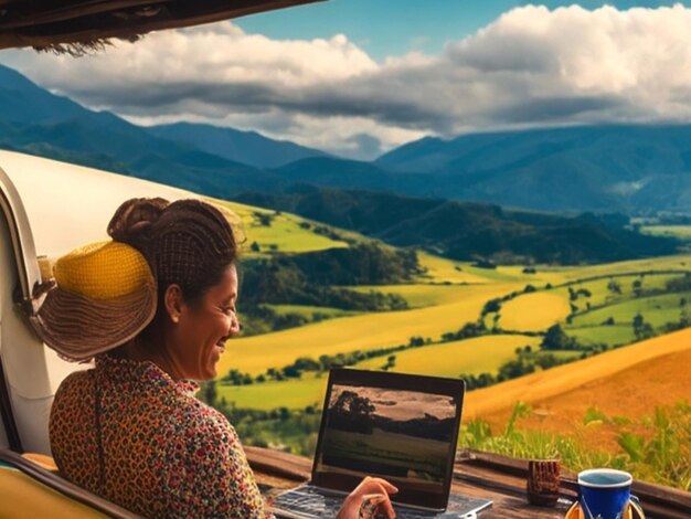 Beautiful a midadult woman taking a break from her laptop to enjoy the view of the Colombian