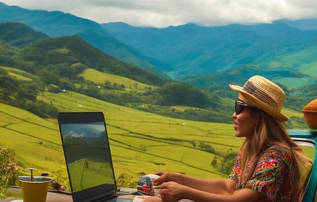 Beautiful a midadult woman taking a break from her laptop to enjoy the view of the Colombian