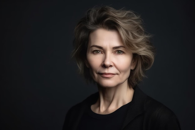 Beautiful middle aged woman on a gray background in a black blouse