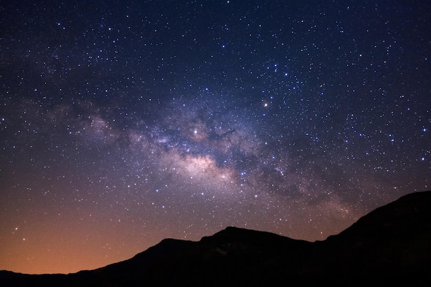 Beautiful milky way galaxy over moutain on a night sky before sunrise