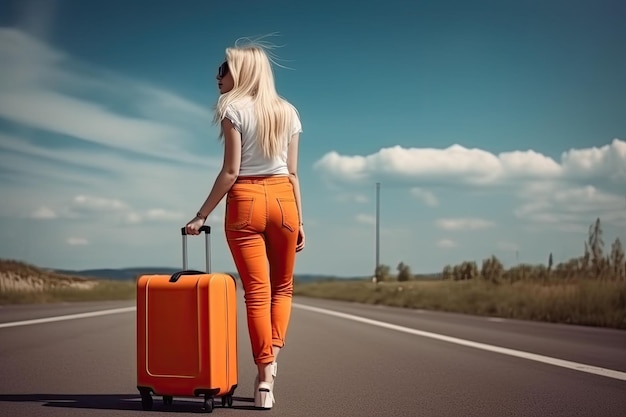 Beautiful millennial woman in casual wear hitchhiking on roadside Generative AI