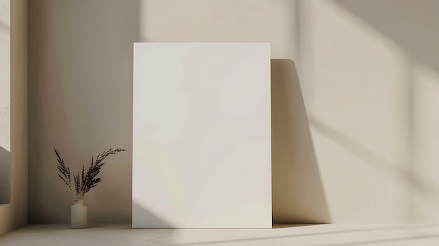 A beautiful minimal room with a large blank canvas on the wall A vase with wheat stands beside it The room is bathed in soft natural light