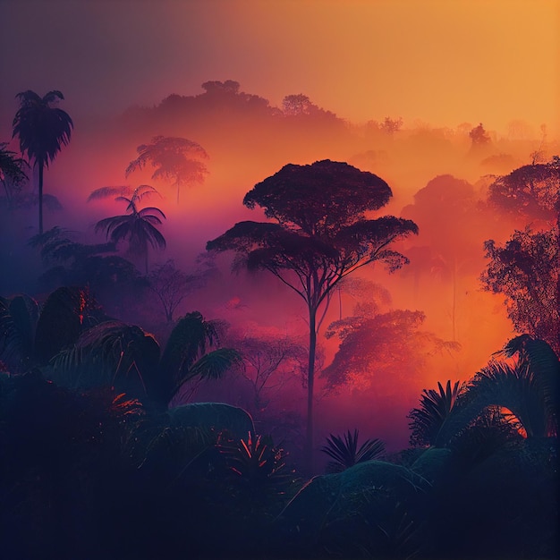 Beautiful misty jungle forest landscape at sunset or sunrise Generative AI