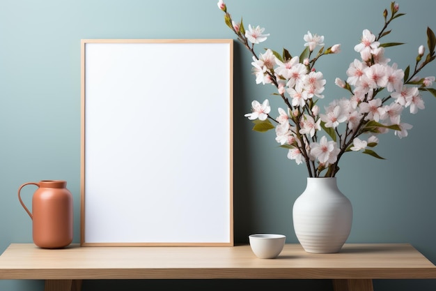 beautiful mockup of a white blank frame on the table