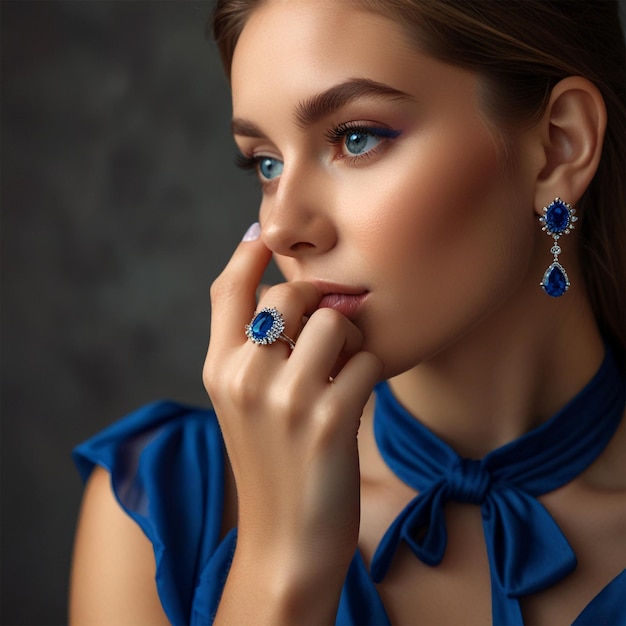 Beautiful model in blue earrings and ring