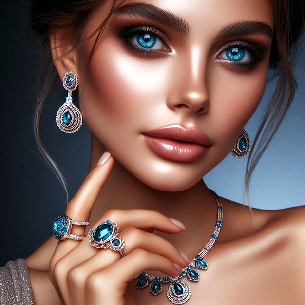 Beautiful model in blue earrings and ring