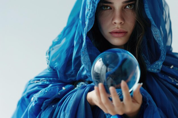 Photo beautiful model in blue gown with crystal orb on white