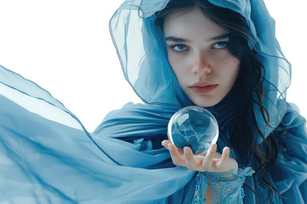 Photo beautiful model in blue gown with crystal orb on white