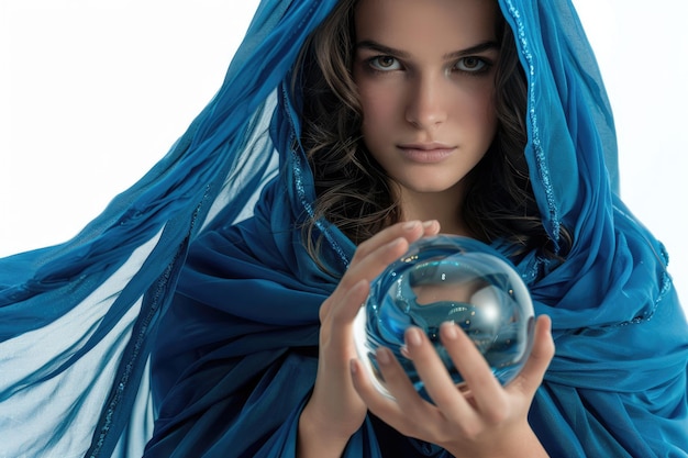 Photo beautiful model in blue gown with crystal orb on white