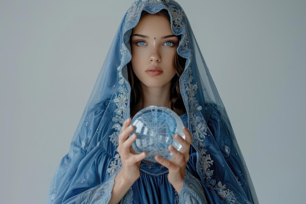 Photo beautiful model in blue gown with crystal orb on white